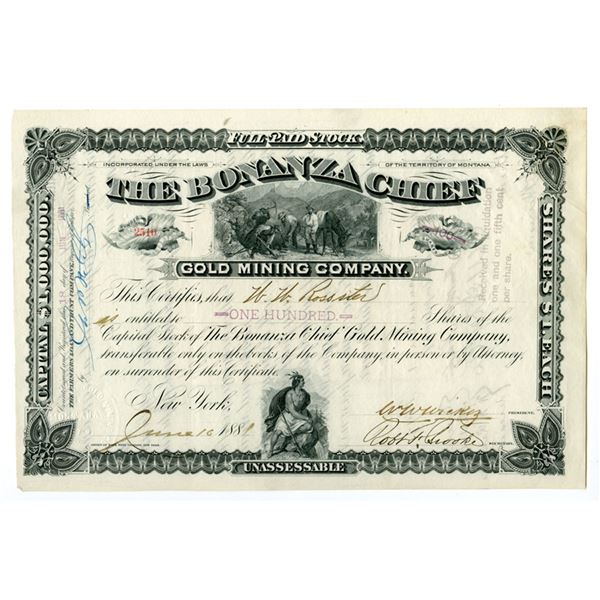 MN. Bonanza Chief Gold Mining Co., 1881, I/U Stock Certificate.