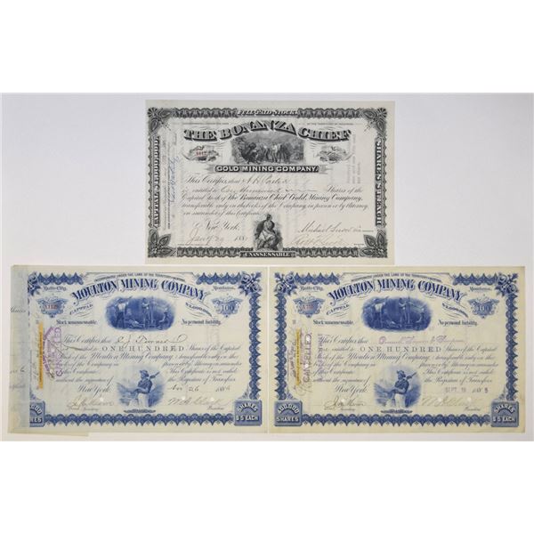 Montana Territory. Bonanza Chief and Mouton Mining Co., 1881 to 1886, Issued Stock Trio.