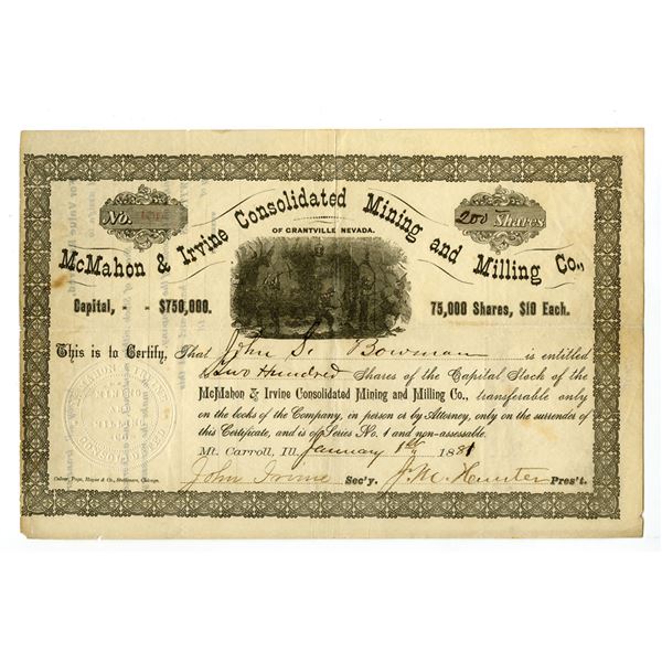 NV. McMahon & Irvine Consolidated Mining and Milling Co., 1881, I/U Stock Certificate