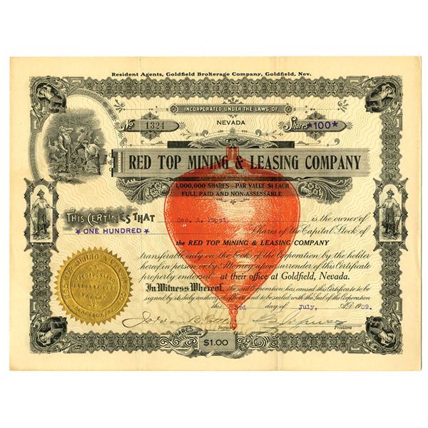 NV. Red Top Mining & Leasing Co., 1909, I/U Stock Certificate.