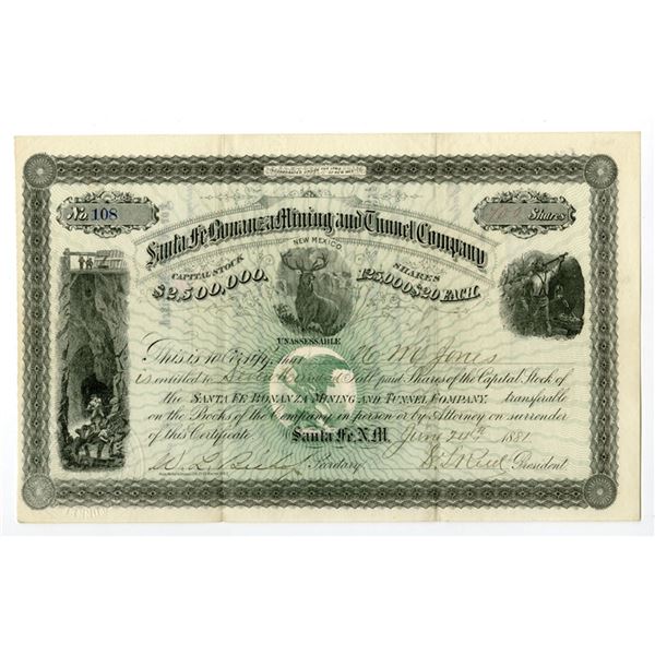 NM. Santa Fe Bonanza Mining & Tunnel Co., 1881, I/U Stock Certificate