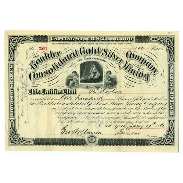 NY. Boulder Consolidated Gold and Silver Mining Company of Colorado, 1882, I/U Stock Certificate.