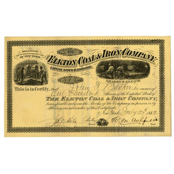 NY. Elkton Coal & Iron Co., 1882, I/U Stock Certificate.