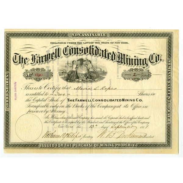 NY. Farwell Consolidated Mining Co., 1881, I/U Stock Certificate.