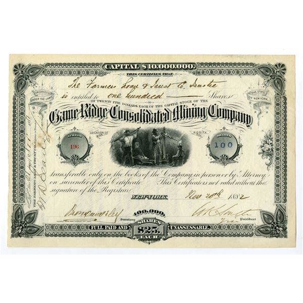 NY. Game Ridge Consolidated Mining Co., 1882, I/U Stock Certificate.