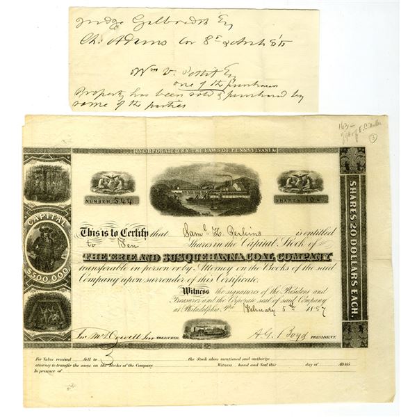 PA. Erie and Susquehanna Coal Co., 1857, I/U Stock Certificate.