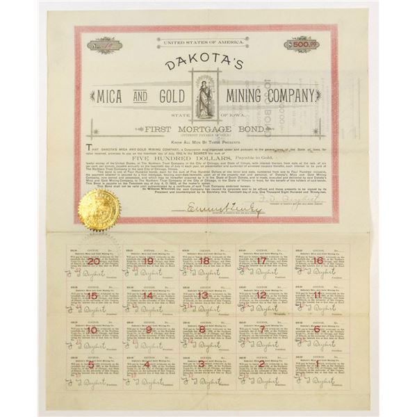 SD. Dakota's Mica and Gold Mining Co., 1892, I/U Bond.