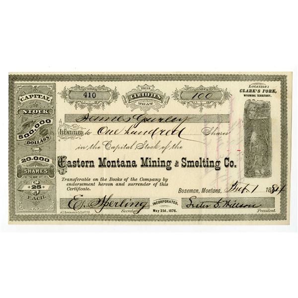 MT. Eastern Montana Mining and Smelting Co., 1884, I/U Stock Certificate.