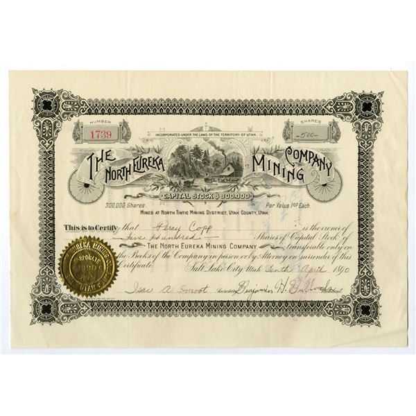 UT. North Eureka Mining Co., 1890, I/U Stock Certificate.