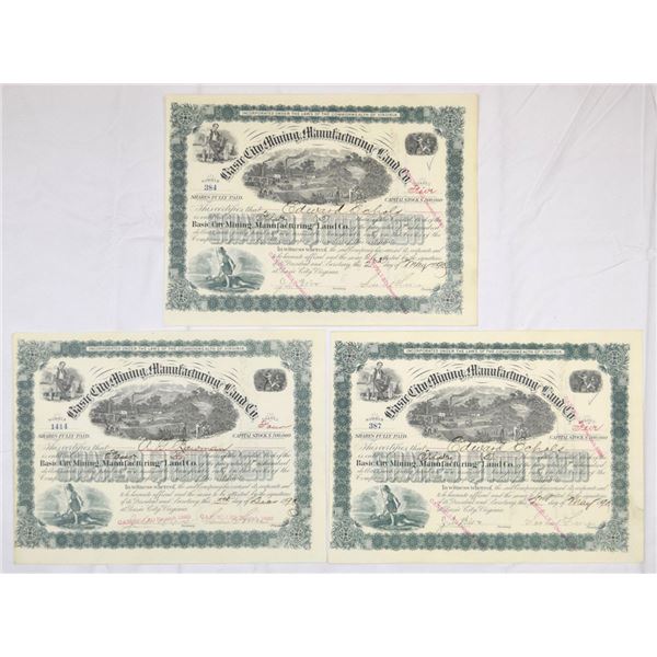 VA. Basic City Mining, Manufacturing and Land Co., 1890, I/C Stock Certificate Trio.