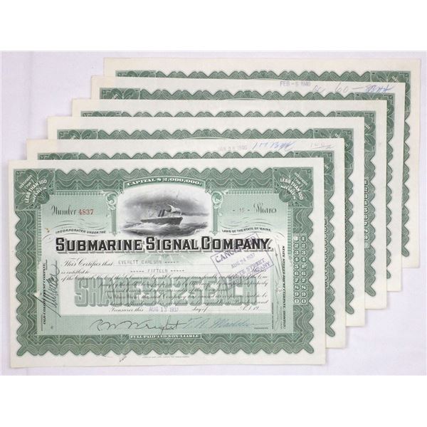 ME. Submarine Signal Co., 1937 to 1940, I/C Stock Certificate Assortment.