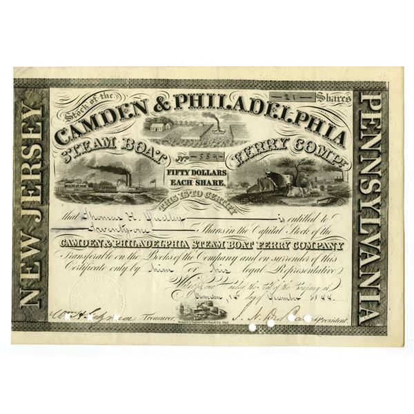 NJ., PA., Camden & Philadelphia Steam Boat Ferry Co., 1888, Stock Certificate.