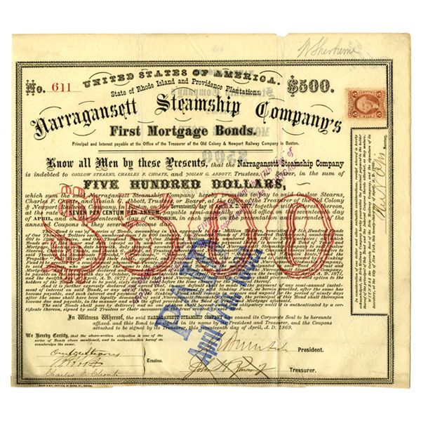 RH. Narragansett Steamship Co., 1869, I/C Bond Signed by Civil War General Ambrose E. Burnside.