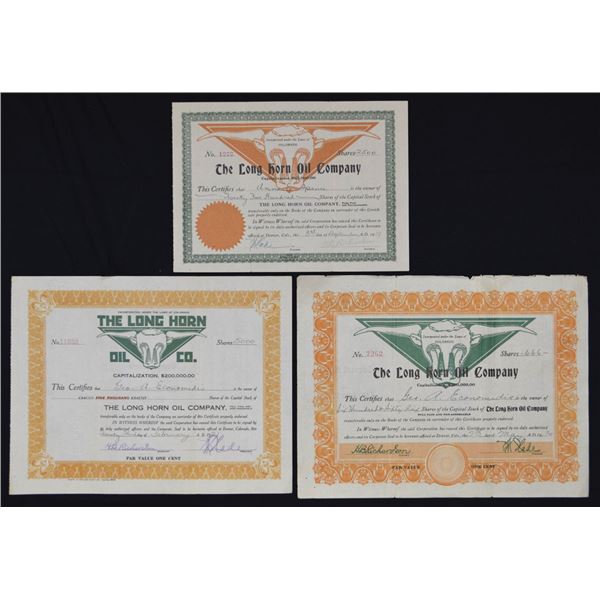 CO. Long Horn Oil Co., 1919 to 1921, I/U Stock Certificate Trio.
