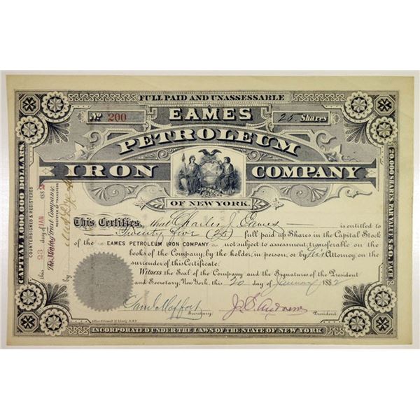 NY. Eames Petroleum Iron Co., 1882 25 Shares I/U Capital Stock Certificate, VF