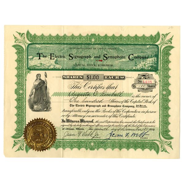 AZ. Electric Signagraph and Semaphone Co., 1906, I/U Stock Certificate.