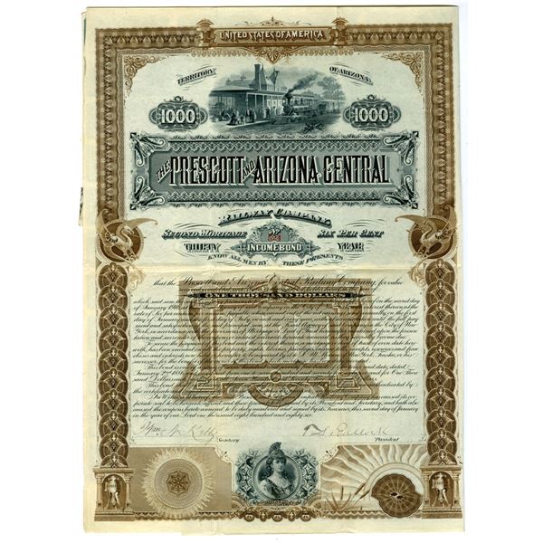 AZ. Prescott and Arizona Central Railway Co., 1886, I/U Bond.