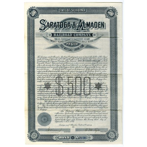 CA. Saratoga & Almaden Railroad Co., 1885, I/U Bond.