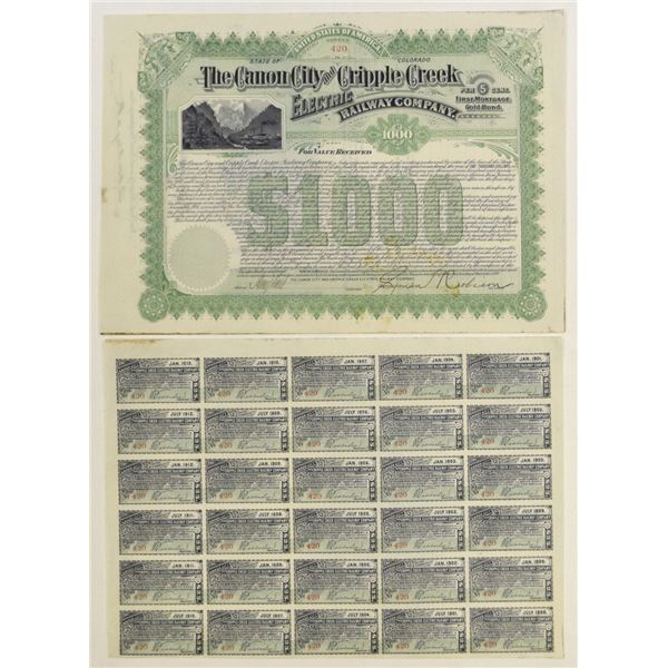 CO. Canon City and Cripple Creek Electric Railway Co., 1897. I/U 5% Gold Coupon Bond.