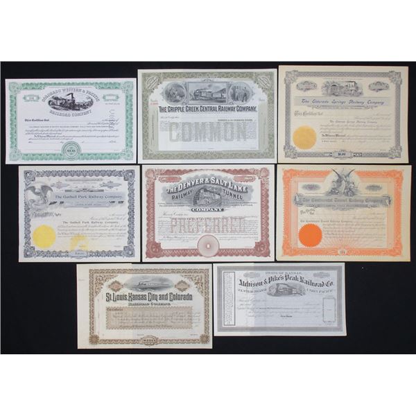 CO & KS. Colorado and Kansas Railway & Tunnel U/U Stock Certificate Group, ca.1860s to 1920