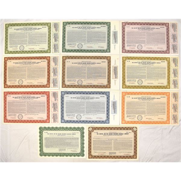 CO. Denver and Rio Grande Western Railroad Co., 1943 & 1947 Stock and Bond Group of 10 Different Spe