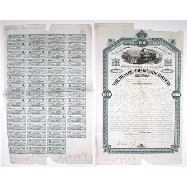 CO. AZ. NM. UT. Denver and Rio Grande Railroad Co., 1880, Unique Approval Proof Bond with Proof Coup