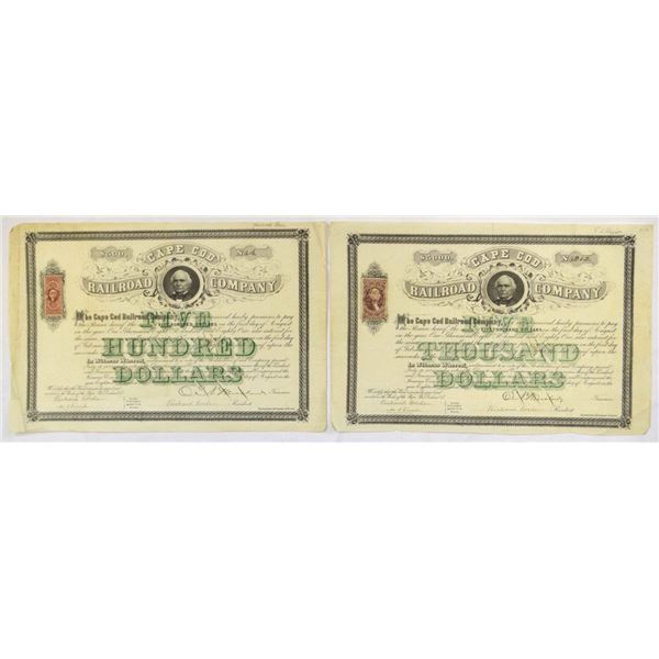 CT. Cape Cod Railroad Co., 1871, $500 & $5000 I/C Bond Pair Including S/N 4.