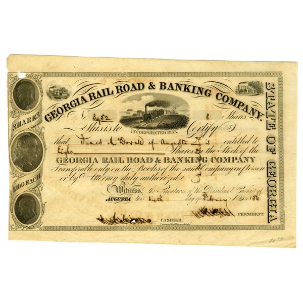 GA. Georgia Rail Road & Banking Co., 1856, I/C Stock Certificate.