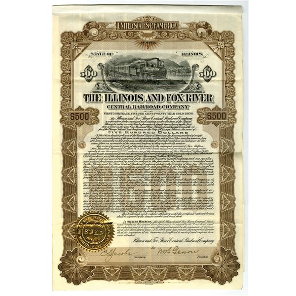 IL. Illinois and Fox River Central Railroad Co., 1907, Issued Bond Rarity.