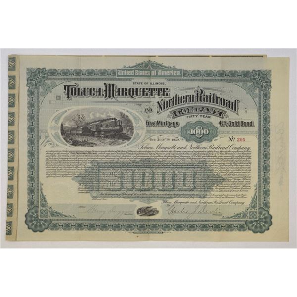 IL. Toluca Marquette and Northern Railroad Co., 1902, I/U Gold Bond Rarity.