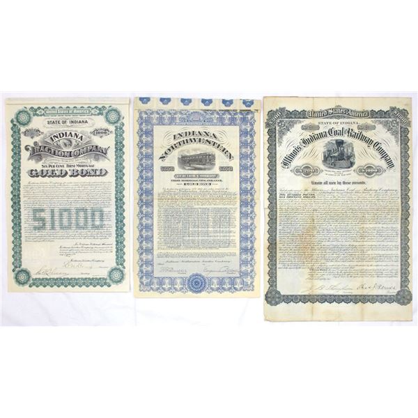 Indiana. Railroad Coupon Bond Trio, ca.1881 to 1910.