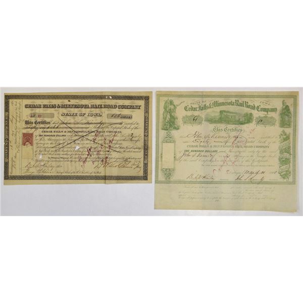 IA. Cedar Falls & Minnesota Railroad Co., 1868 and 1870, I/C Stock Pair.