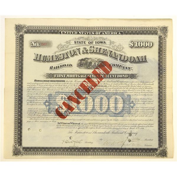 IA. Humeston & Shenandoah Railroad Co., 1881, I/C, 7%  First Mortgage Bond.