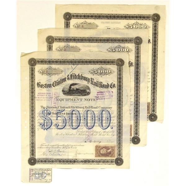 MA. Boston Clinton & Fitchburg Rail-Road Co., 1871, Serial #s 1, 2 & 4, $5000 I/C Coupon Bonds Bond 