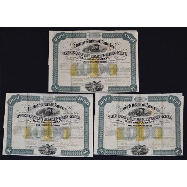 MA. Boston Hartford and Erie Rail Road Co., 1866, I/U Coupon Bond Trio With Imprinted Revenue Stamps