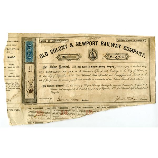 MA. Old Colony & Newport Railway Co., 1864, Serial #1, I/C 5% Coupon Bond