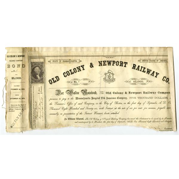 MA. Old Colony & Newport Railway Co., 1866, Serial #1, $5000, I/C 5% Coupon Bond
