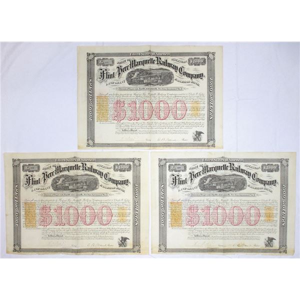 MI. Flint and Pere Marquette Railway Co., 1868, I/C Revenue Imprinted Bond Trio.