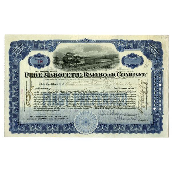 MI. Pere Marquette Railroad Co., 1908, I/U Stock Certificate.