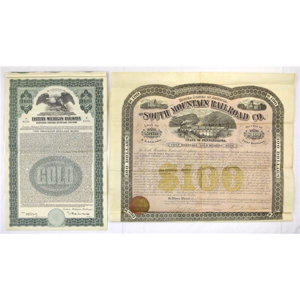 MI. PA. South Mountain Railroad Co. and Eastern Michigan Railways, 1873 and 1928, Issued Bond Pair.