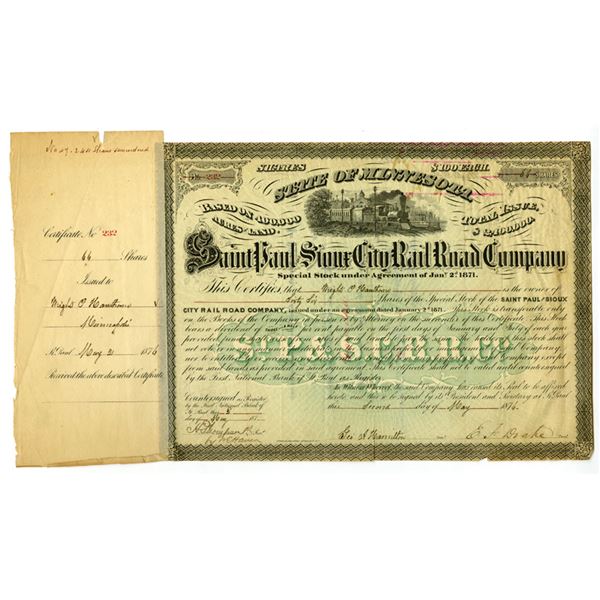 MN. Saint Paul and Sioux City Rail Road Co., 1874, I/C Stock Certificate.