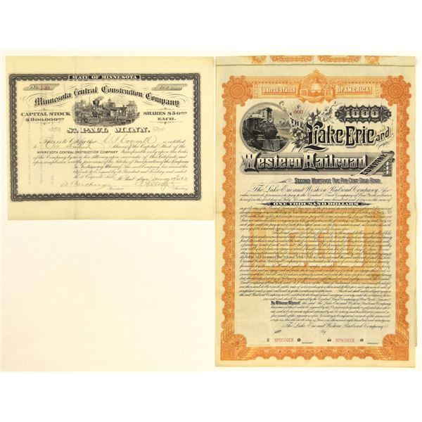 MN. NY. Minnesota Central Construction Co. & Lake Erie and Western Railroad Co., 1883 and 1891, Pair