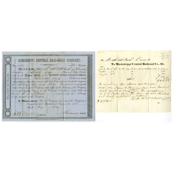 MS. Mississippi Central Railroad Co., 1854, Stock Certificate with Manuscript Call & Receipt