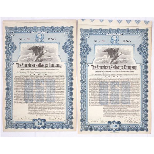 NJ. American Railways Co., 1920, Issued 7% Income Coupon Bond Pair.
