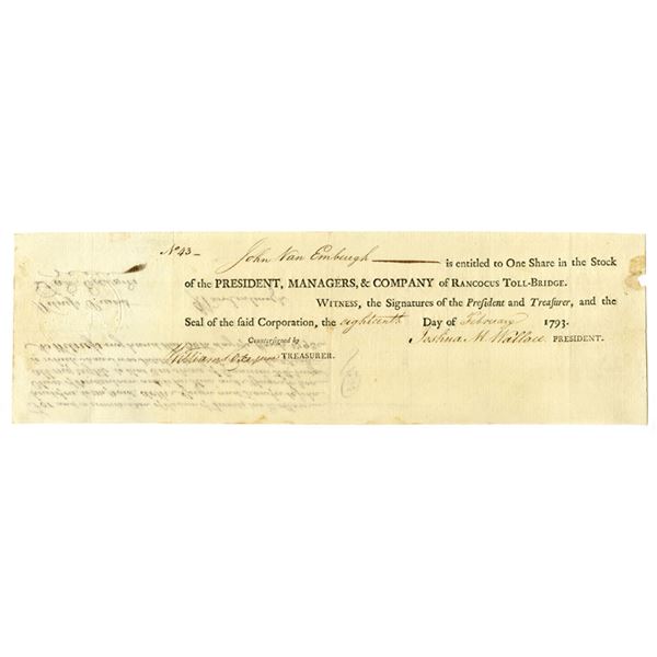 NJ. Rancocus Toll-Bridge Co., 1793  I/U Stock Certificate.