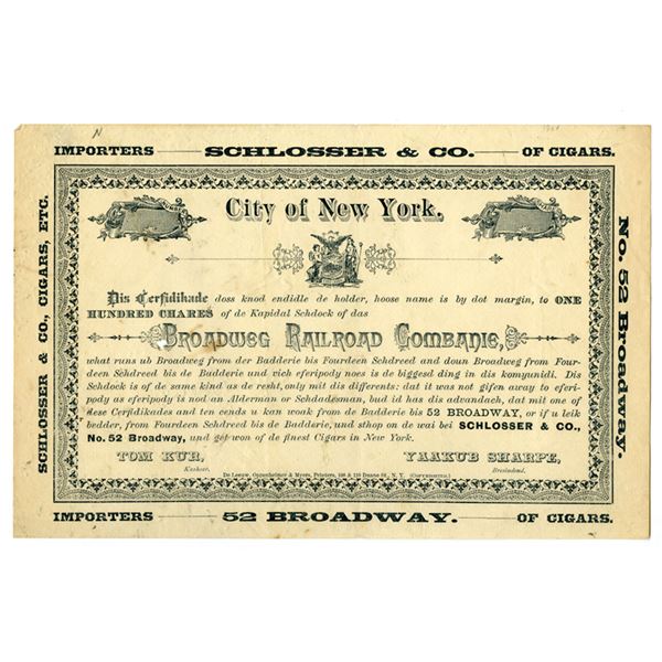 NY. Schlosser & Co., Cigar Importer, Advertising Flier as the "Broadweg Railroad Companie", ND (1880