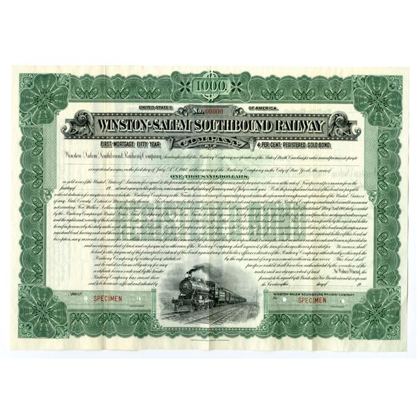 NC. Winston-Salem Southbound Railway Co., 1910. $1000 Reg 4% Specimen Bond, XF