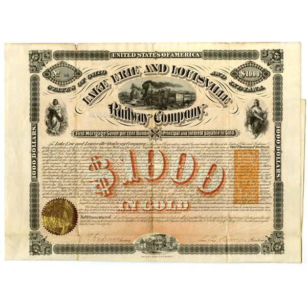 OH&IN. Lake Erie and Louisville Railway Co., 1872, I/U Bond with I.R. Revenue.