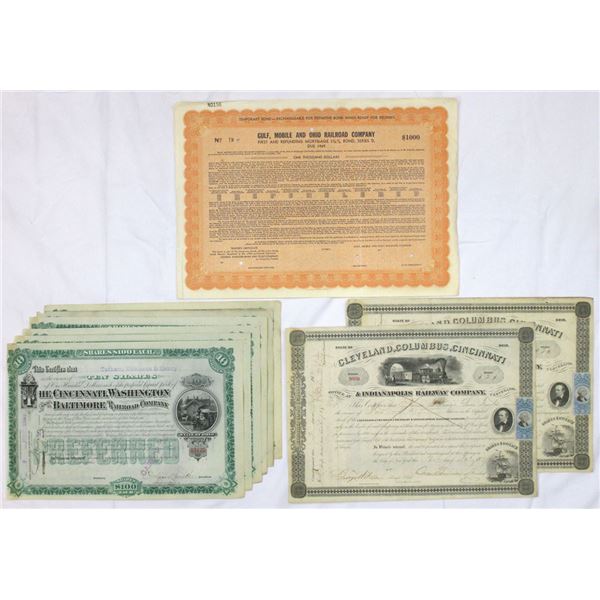OH. MS. Midwestern Railroad Stock and Bond Certificate Assortment, ca. 1880s to 1969