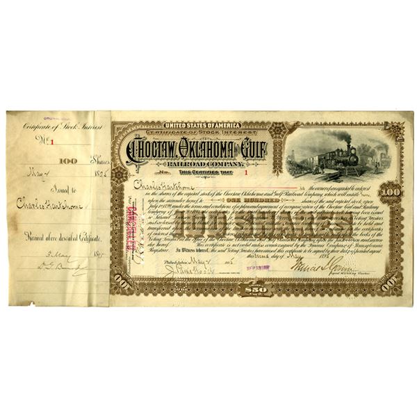 OK. Choctaw, Oklahoma and Gulf Railroad Co., 1895, Serial #1 Stock Certificate.
